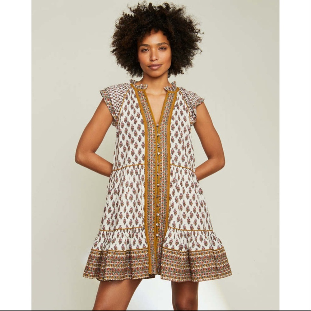 Veronica Beard Amoura Dress Size 6 Cream Floral Print Boho Cotton Pockets Mini